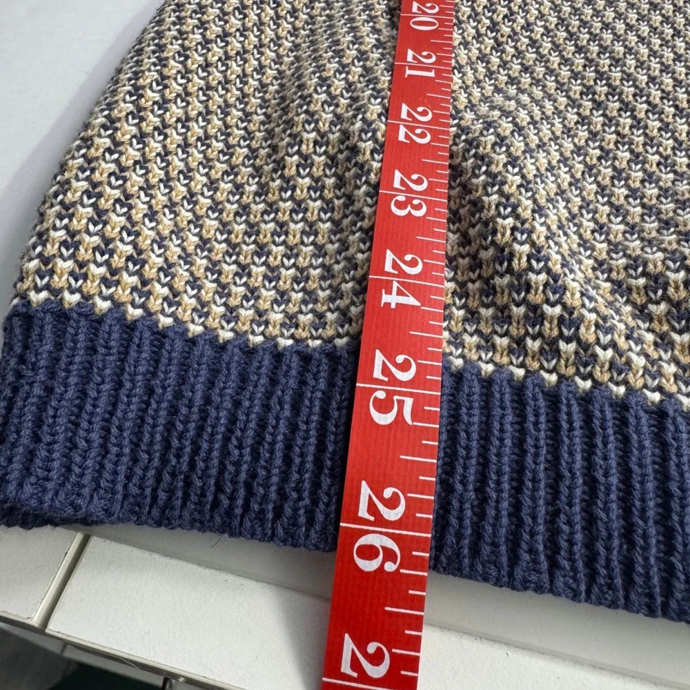 Vintage Ann Taylor Cotton Birds Eye Knit Sweater Navy Tan Roll Neck Pullover M